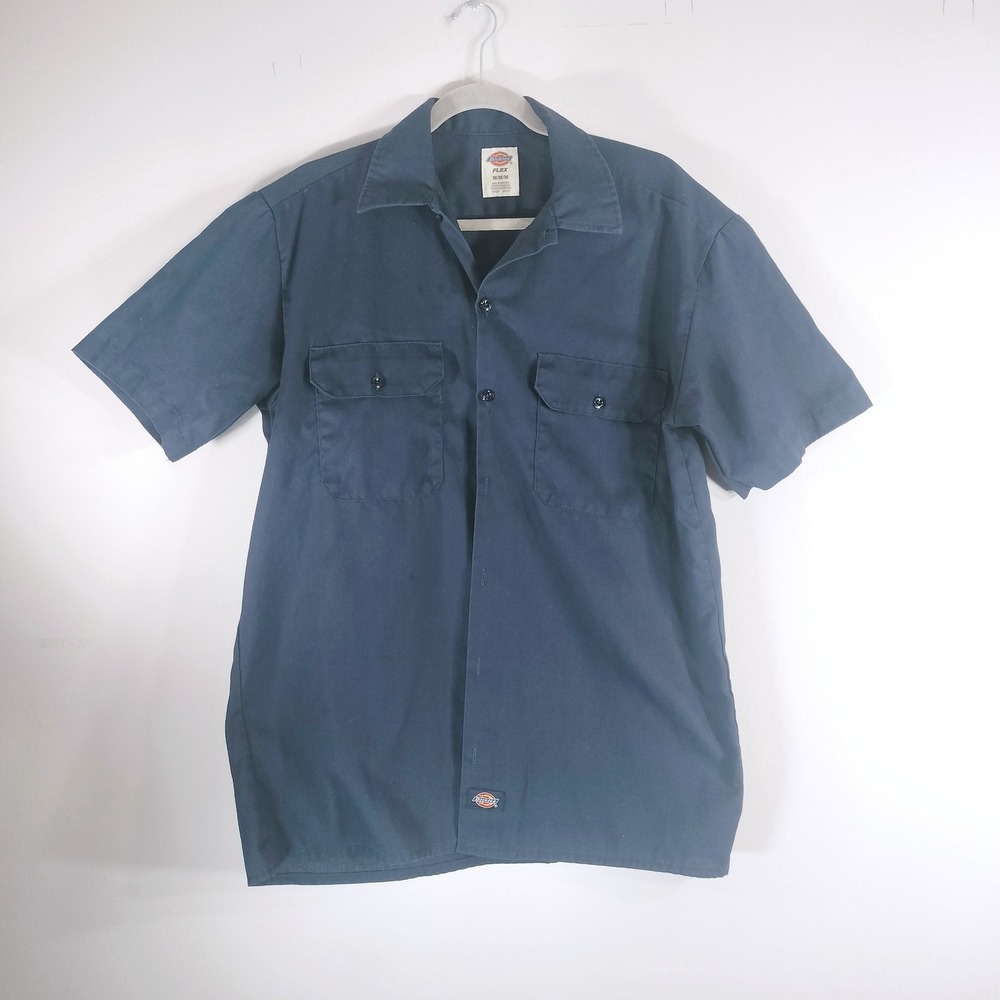 Dickies Navy Work Shirt; Short Sleeve Flex Button Up